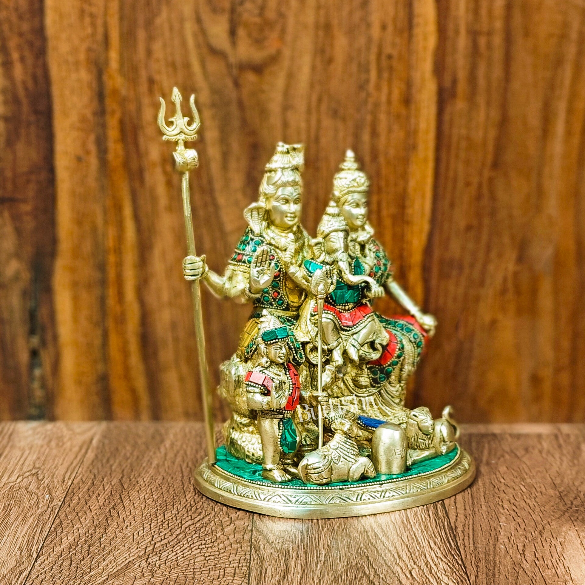 Handcrafted Brass Lord Shiva Parivaar Idol 9.5" with stonework - Budhshiv.com