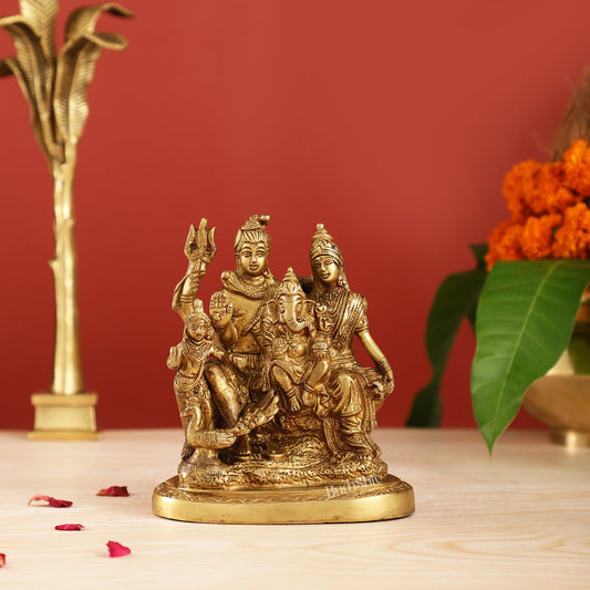 Handcrafted Brass Lord Shiva Parivaar Idol | Golden Finish | 6" - Budhshiv.com