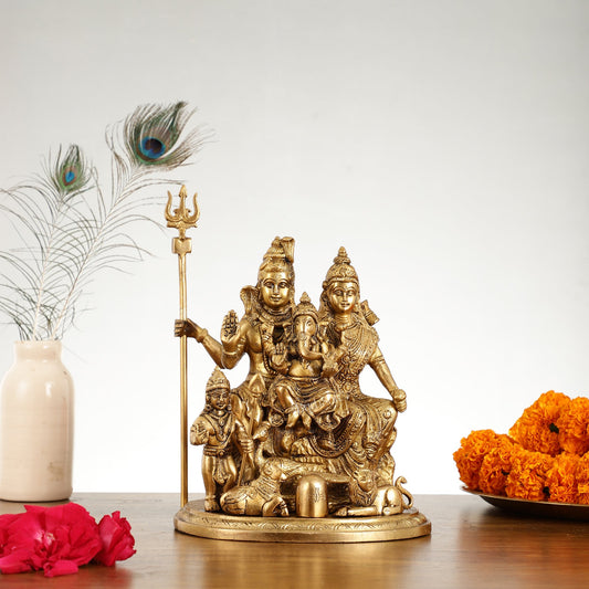 Handcrafted Brass Lord Shiva Parivaar Idol | Golden Finish | 9.5" Height - Budhshiv.com