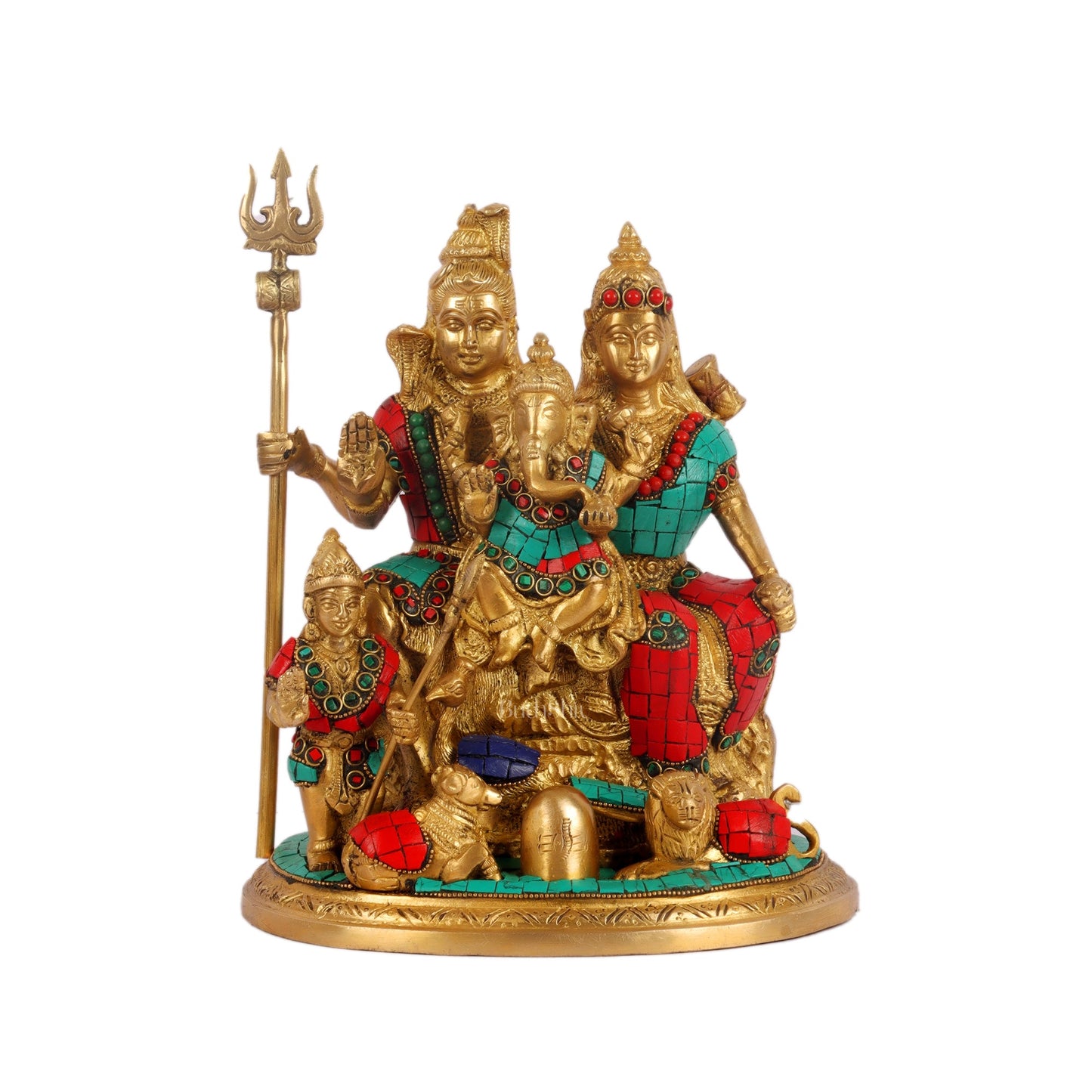 Handcrafted Brass Lord Shiva Parivaar Idol stonework 9.5 inches - Budhshiv.com