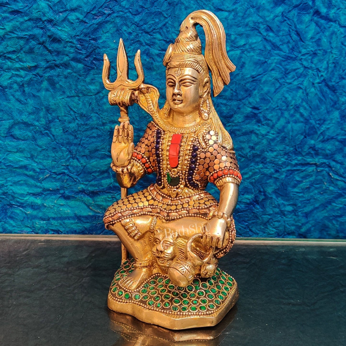 Handcrafted Brass Lord Shiva Statue in Aashirwaad Mudra with Lota | Divine Stonework 8.5"" - Budhshiv.com