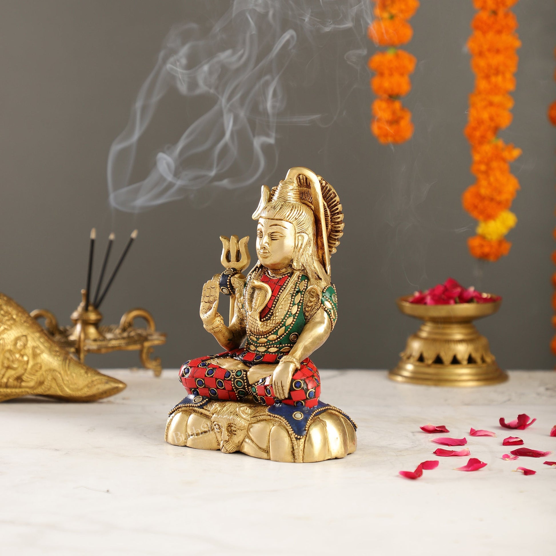 Handcrafted Brass Lord Shiva Statue in Blessing Pose with Stonework | 7" Height - Budhshiv.com