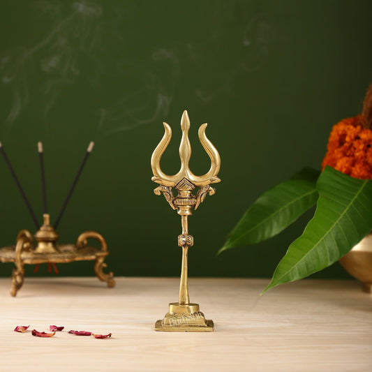 Handcrafted Brass Lord Shiva Trishul with Damru - Perfect for Small Temples - Budhshiv.com