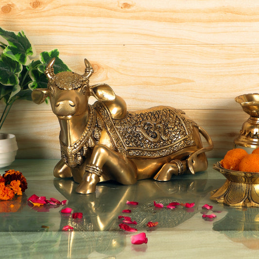 Handcrafted Brass Nandi Statue - 13.5 inch wide - Budhshiv.com