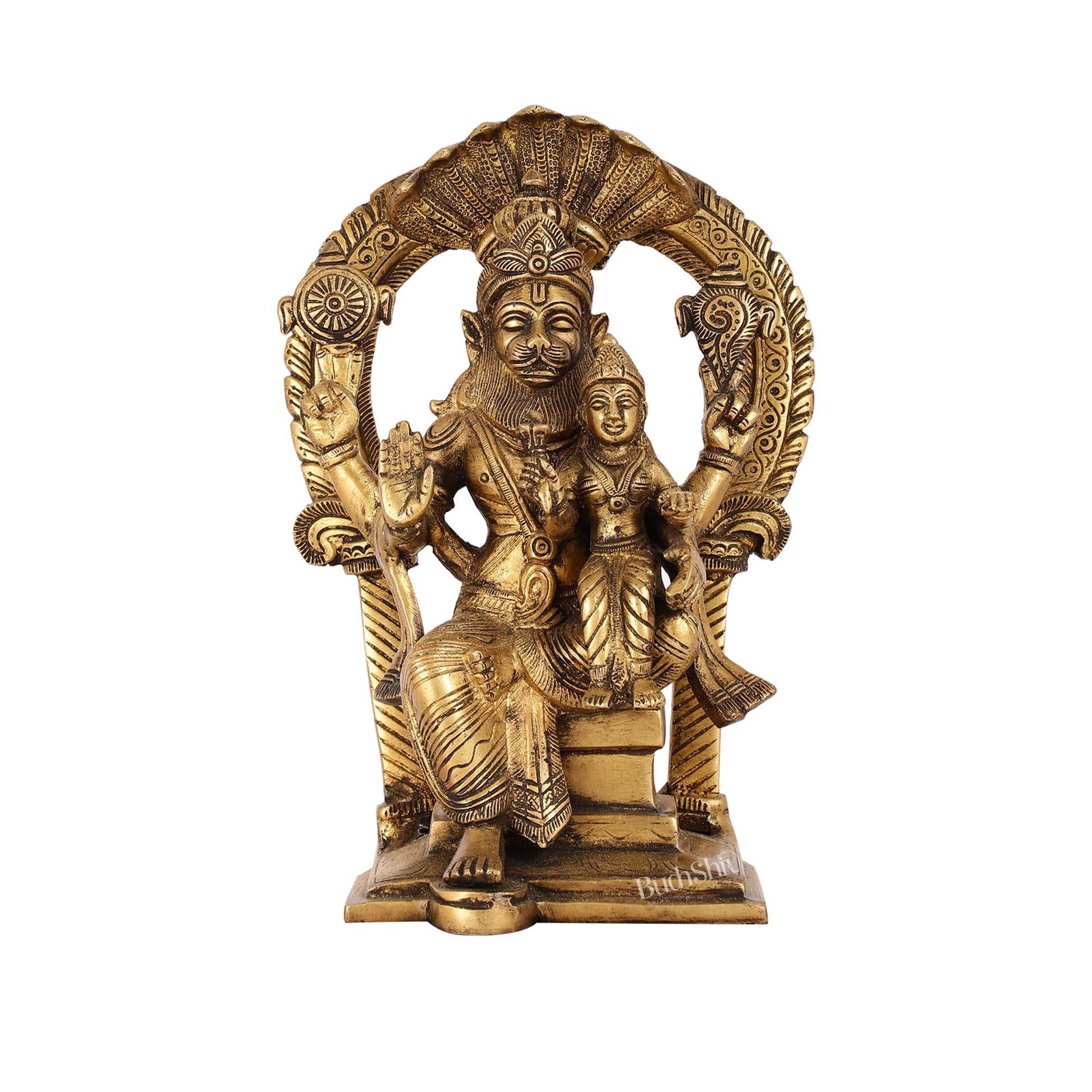 Handcrafted Brass Narsimha Lakshmi Statue with Antique Burnt Brass Finish | 8" Height - Budhshiv.com