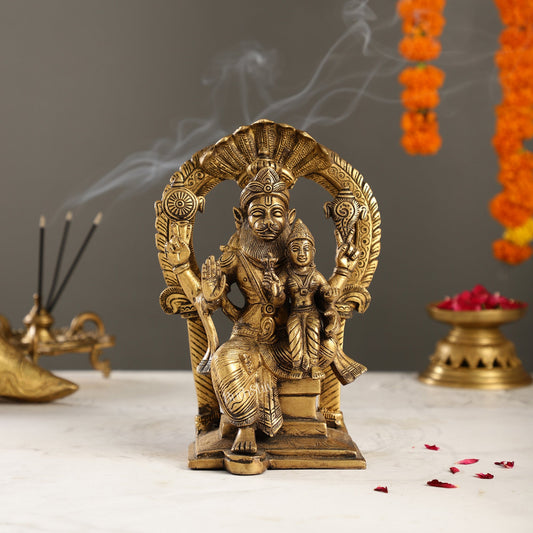 Handcrafted Brass Narsimha Lakshmi Statue with Antique Burnt Brass Finish | 8" Height - Budhshiv.com