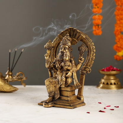 Handcrafted Brass Narsimha Lakshmi Statue with Antique Burnt Brass Finish | 8" Height - Budhshiv.com