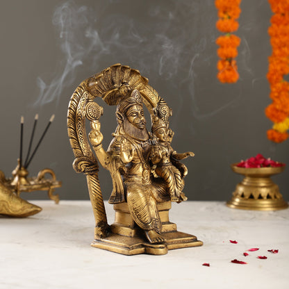 Handcrafted Brass Narsimha Lakshmi Statue with Antique Burnt Brass Finish | 8" Height - Budhshiv.com