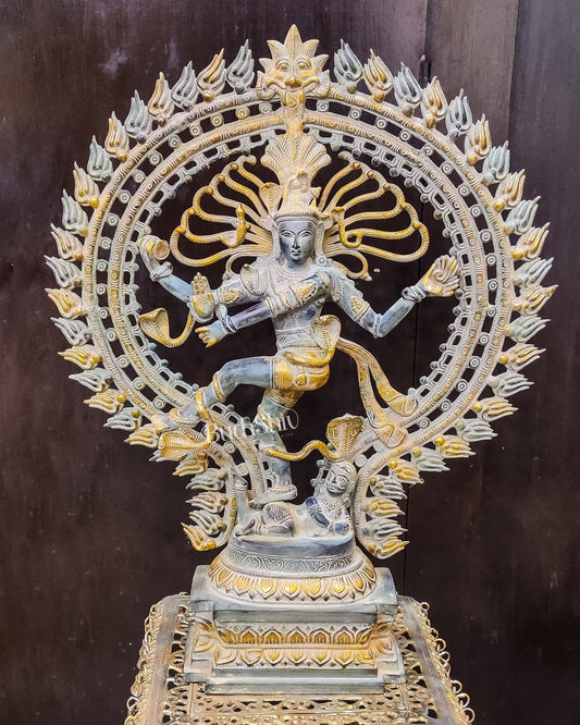 Handcrafted Brass Nataraja Statue | 30" Height | Sandstone Antique Finish - Budhshiv.com