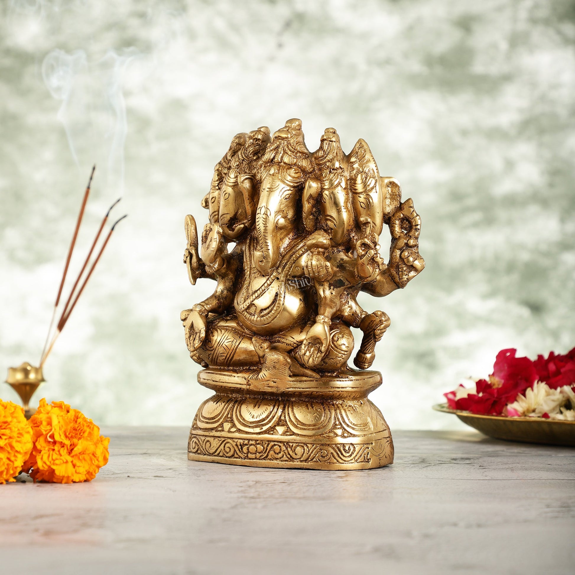 Handcrafted Brass Panchmukhi Ganesha Idol - 8 Inch - Budhshiv.com