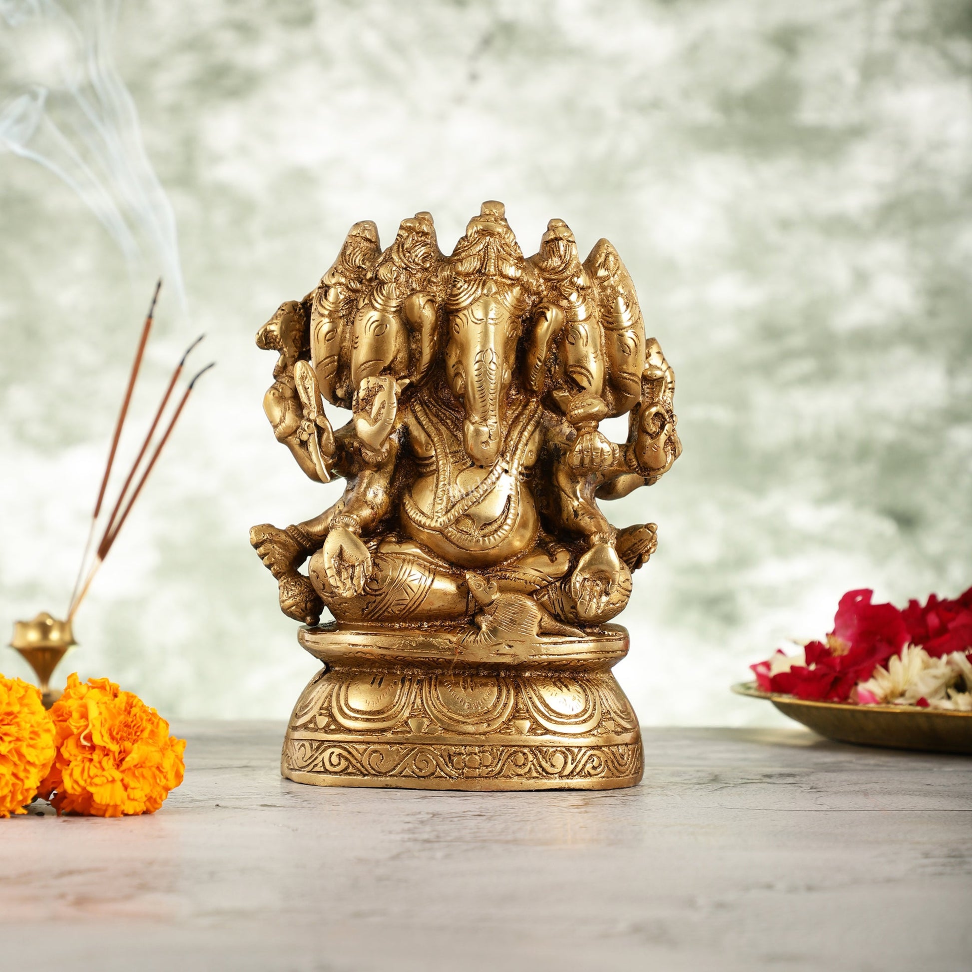 Handcrafted Brass Panchmukhi Ganesha Idol - 8 Inch - Budhshiv.com