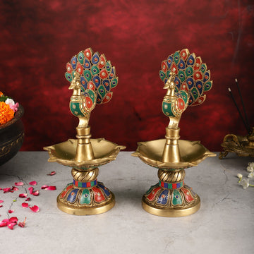Handcrafted Brass peacock Diya - 11 inch pair - Budhshiv.com