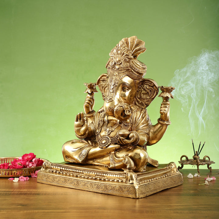 Handcrafted Brass Puna Ganesh Shreemant Dagduseth Halwai Ganapati Statue - 20x15x10 Inch - Budhshiv.com