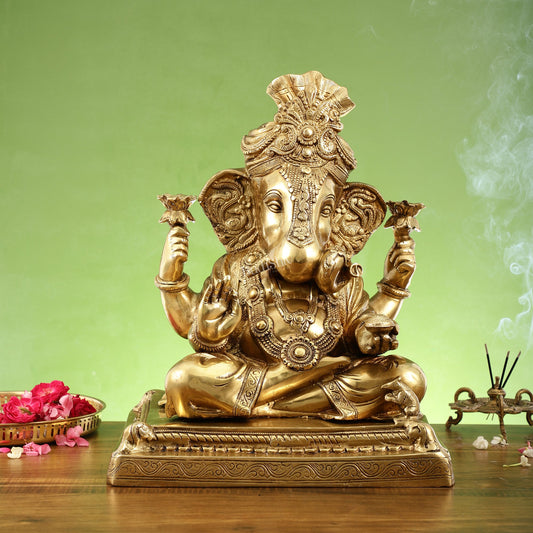 Handcrafted Brass Puna Ganesh Shreemant Dagduseth Halwai Ganapati Statue - 20x15x10 Inch - Budhshiv.com