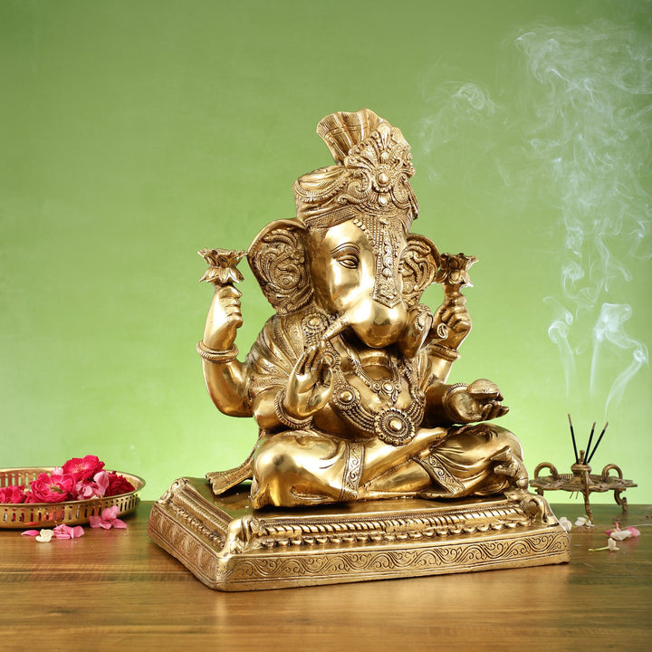 Handcrafted Brass Puna Ganesh Shreemant Dagduseth Halwai Ganapati Statue - 20x15x10 Inch - Budhshiv.com
