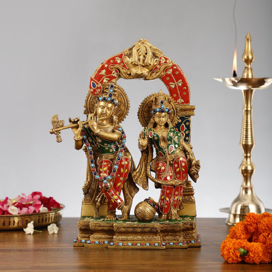 Handcrafted Brass Radha Krishna Idol - Ecstatic Posture 14 inch with stonework - Budhshiv.com