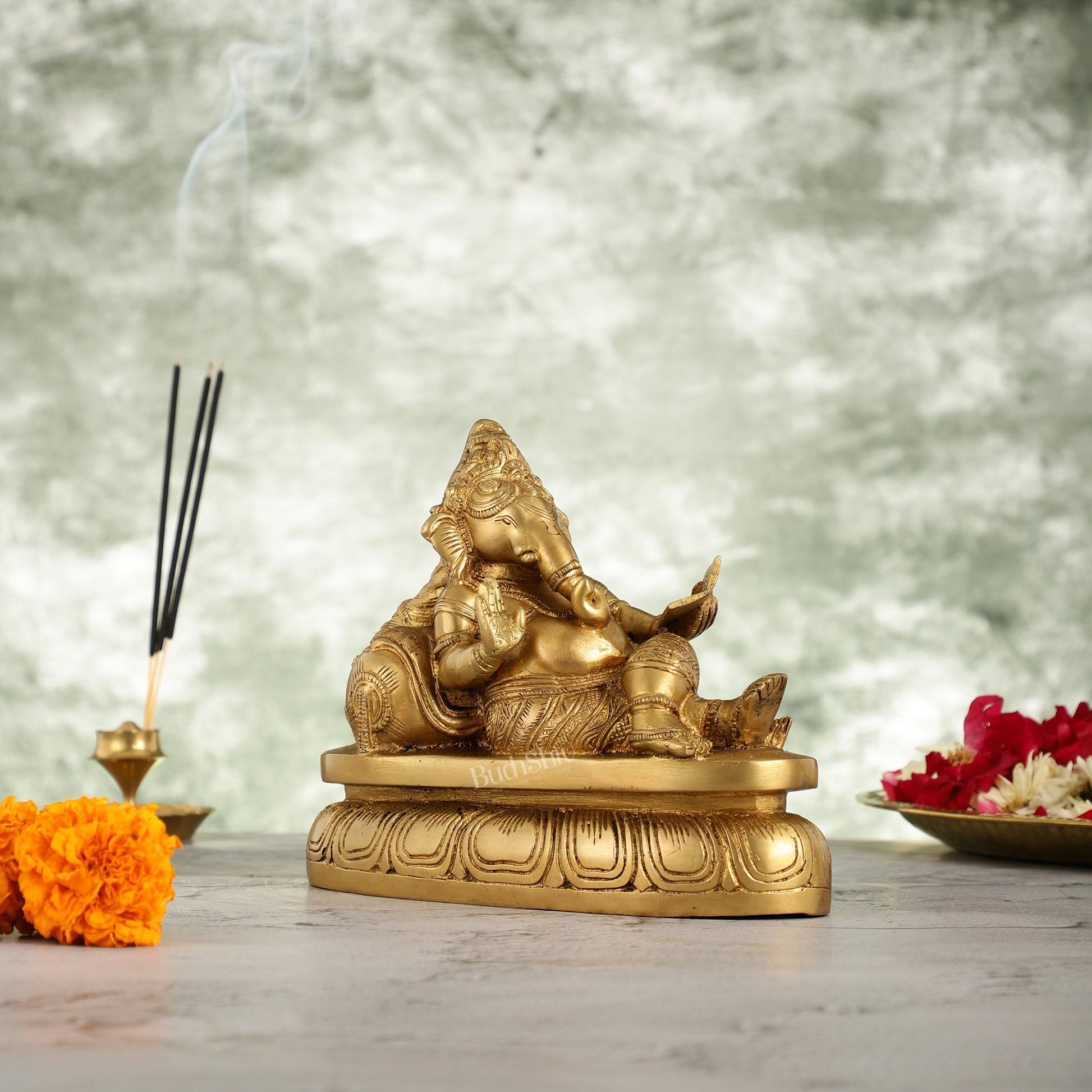 Handcrafted Brass Resting Ganesha Table Accent - 6 Inch - Budhshiv.com
