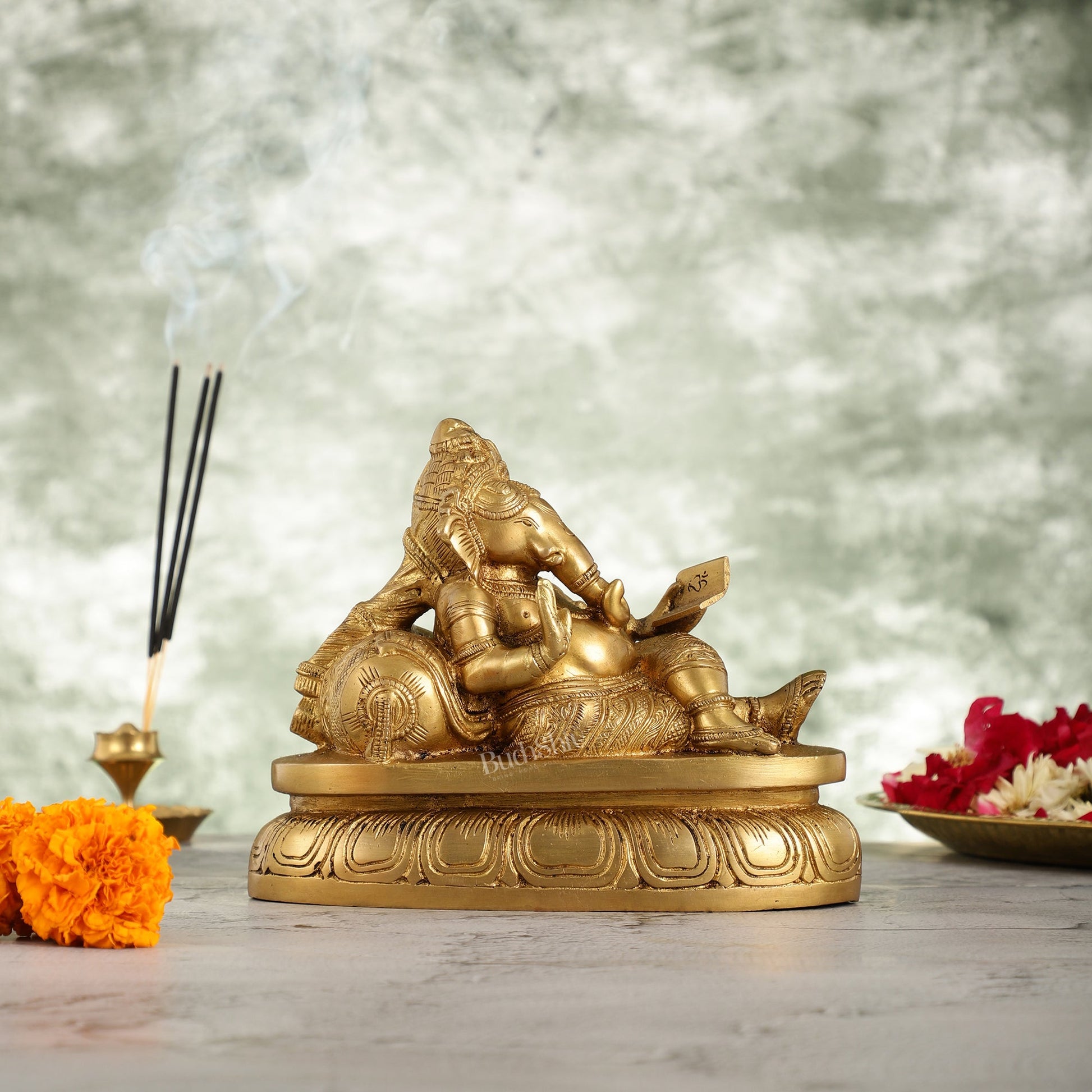 Handcrafted Brass Resting Ganesha Table Accent - 6 Inch - Budhshiv.com