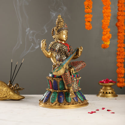 Handcrafted Brass Saraswati Statue | 14.5" Height | Golden Tone with Meenakari Stonework - Budhshiv.com