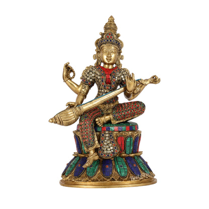 Handcrafted Brass Saraswati Statue | 14.5" Height | Golden Tone with Meenakari Stonework - Budhshiv.com