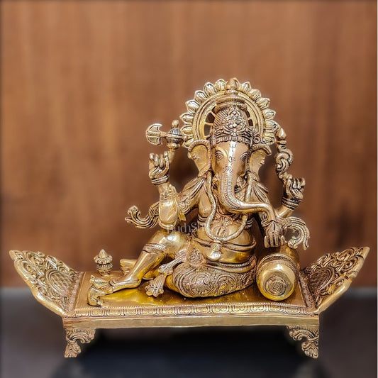 Handcrafted Brass Superfine Ganesha Statue on Diwan - 13" Height - Budhshiv.com