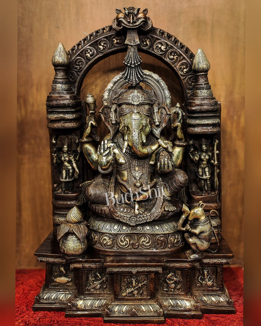 Handcrafted Brass Temple Ganesha Sculpture with Lakshmi and Saraswati | 33" Height - Budhshiv.com