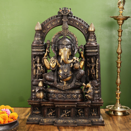 Handcrafted Brass Temple Ganesha Sculpture with Lakshmi and Saraswati | 33" Height - Budhshiv.com