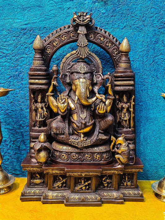 Handcrafted Brass Temple Ganesha Sculpture with Lakshmi and Saraswati | Fine Detailing | 33" - Budhshiv.com