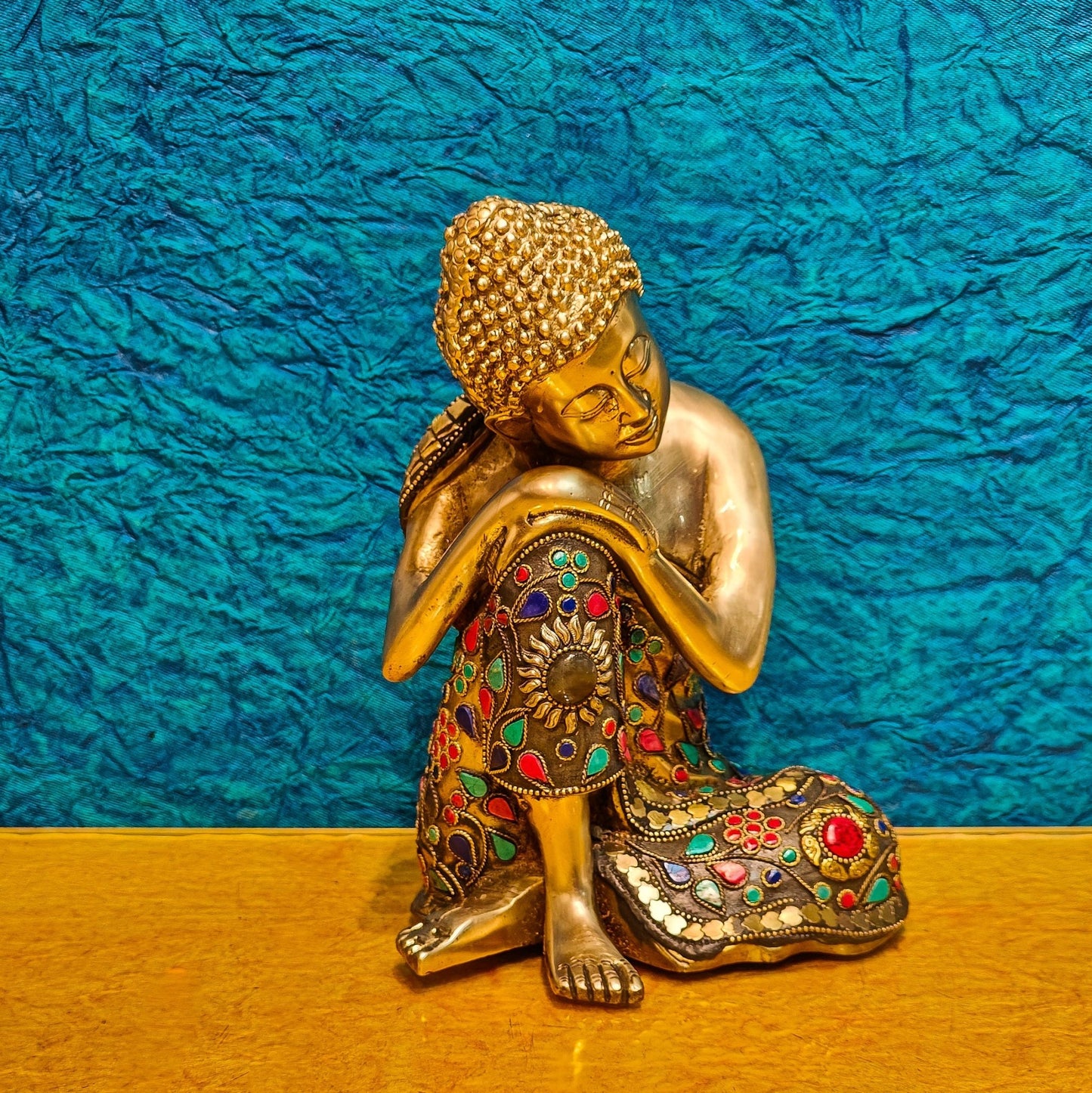 Handcrafted Brass Thinking Buddha Statue | Flora Meenakari Stonework | 9" x 6.5" x 5" - Budhshiv.com