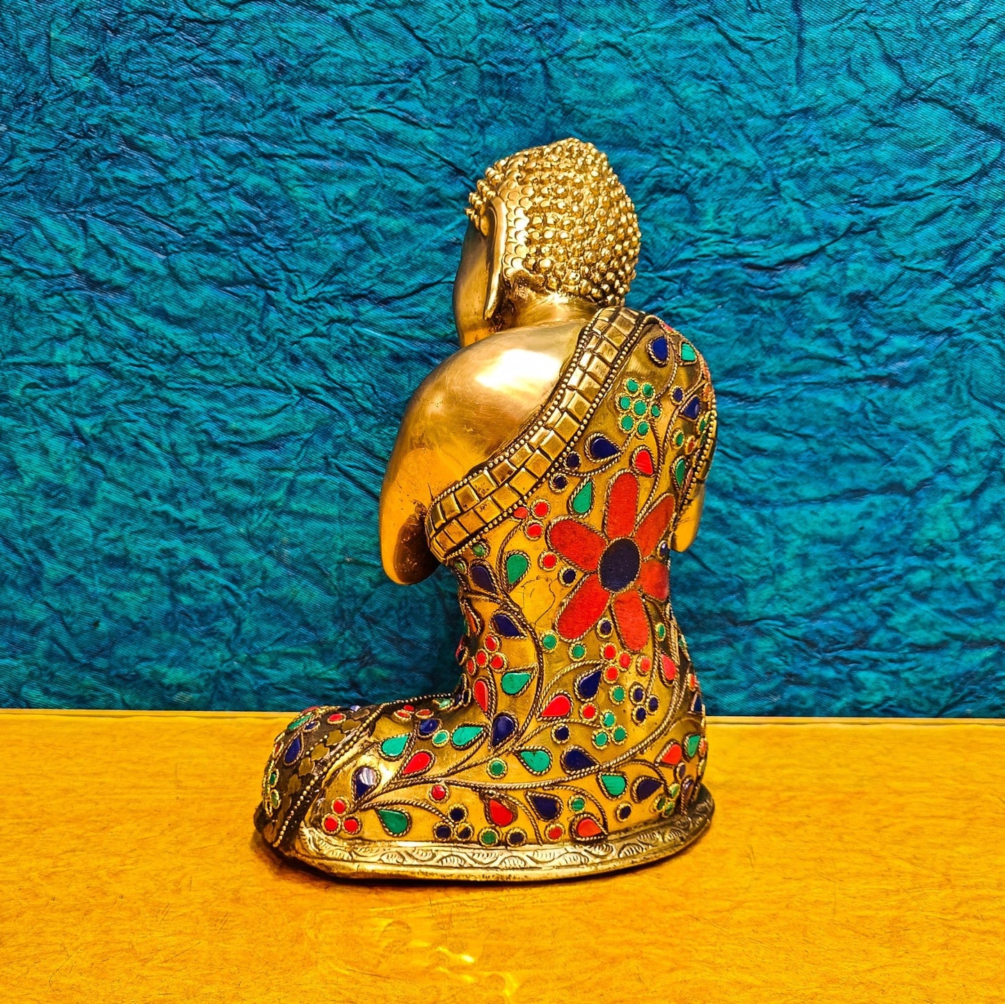 Handcrafted Brass Thinking Buddha Statue | Flora Meenakari Stonework | 9" x 6.5" x 5" - Budhshiv.com
