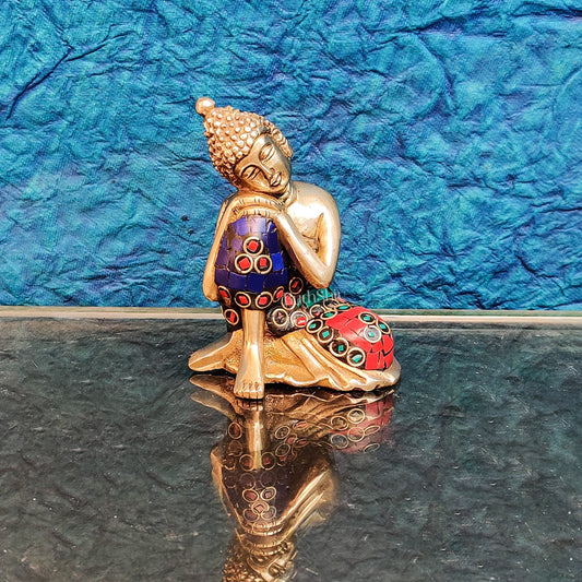 Handcrafted Brass Thinking Buddha Statue | Meenakari Stonework | 4" x 3" x 2.5 - Budhshiv.com