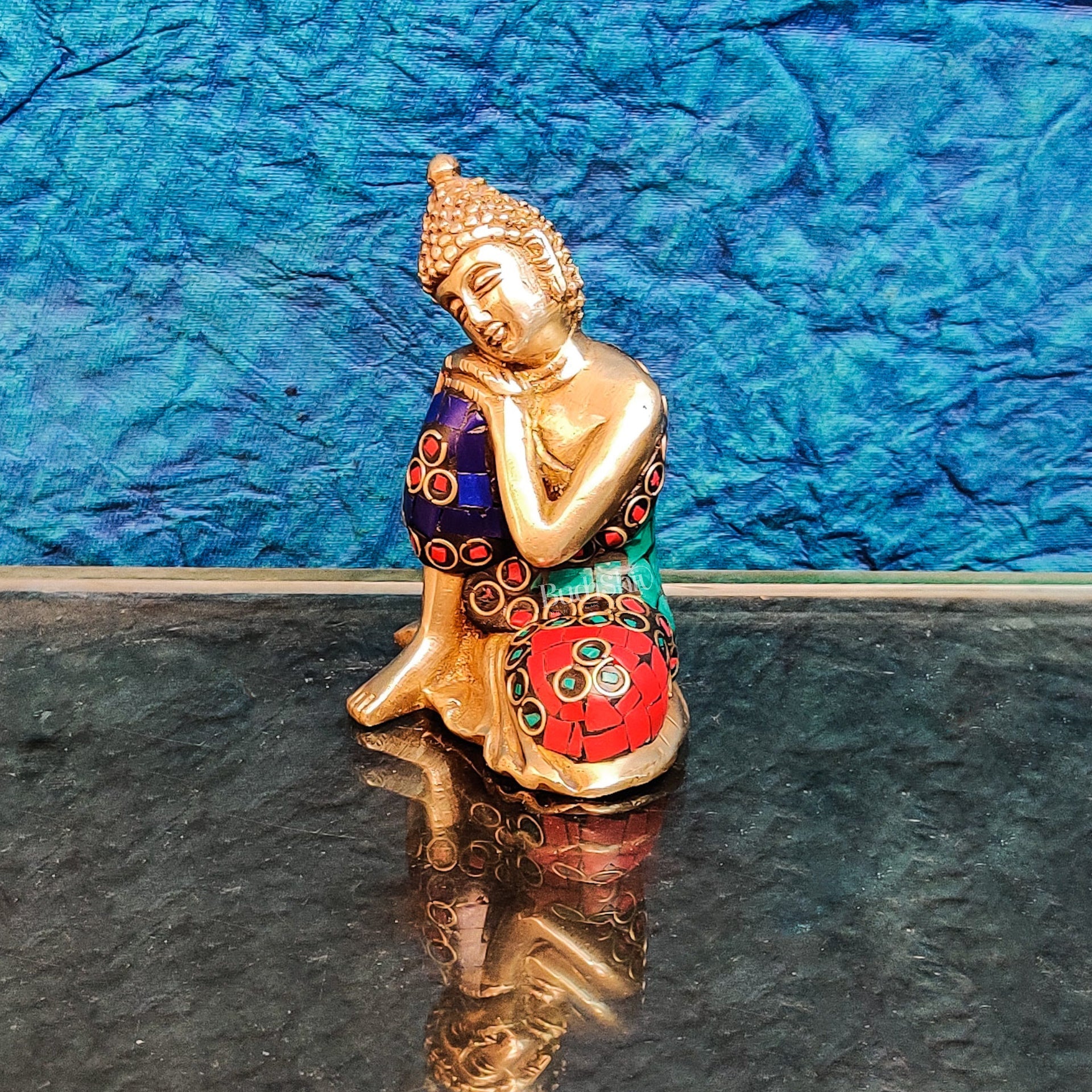 Handcrafted Brass Thinking Buddha Statue | Meenakari Stonework | 4" x 3" x 2.5 - Budhshiv.com