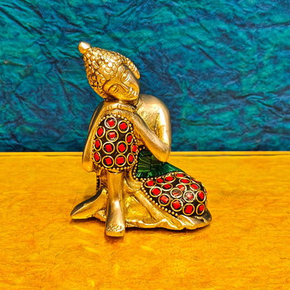 Handcrafted Brass Thinking Buddha Statue | Meenakari Stonework | 4" x 3" x 2.5" - Budhshiv.com