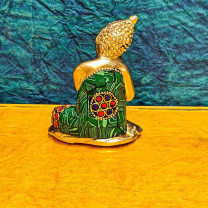 Handcrafted Brass Thinking Buddha Statue | Meenakari Stonework | 4" x 3" x 2.5" - Budhshiv.com