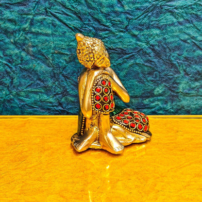 Handcrafted Brass Thinking Buddha Statue | Meenakari Stonework | 4" x 3" x 2.5" - Budhshiv.com