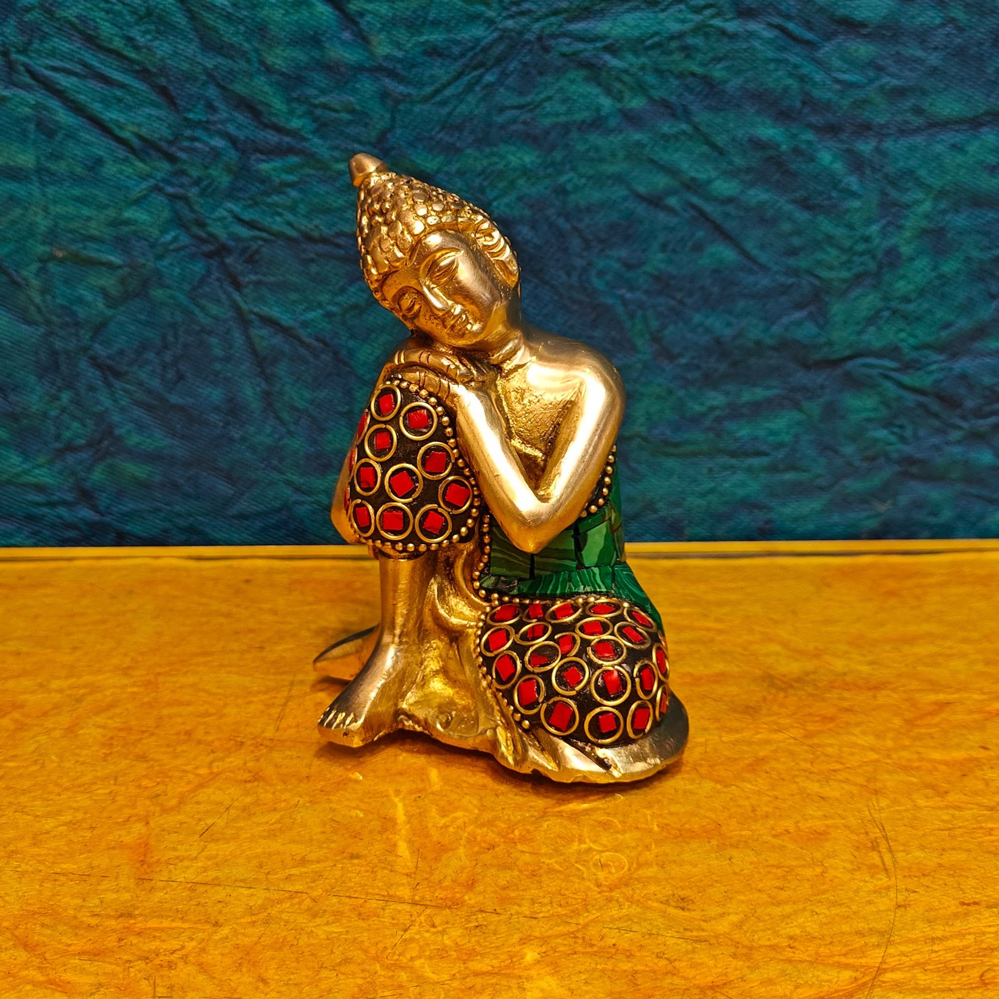 Handcrafted Brass Thinking Buddha Statue | Meenakari Stonework | 4" x 3" x 2.5" - Budhshiv.com