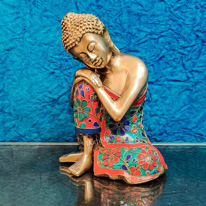 Handcrafted Brass Thinking Buddha Statue with flora meenakari stonework, 9" x 6.5" x 5" - Budhshiv.com