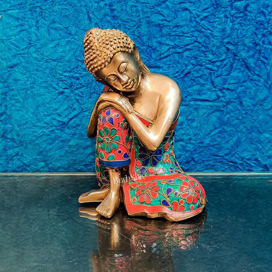Handcrafted Brass Thinking Buddha Statue with flora meenakari stonework, 9" x 6.5" x 5" - Budhshiv.com