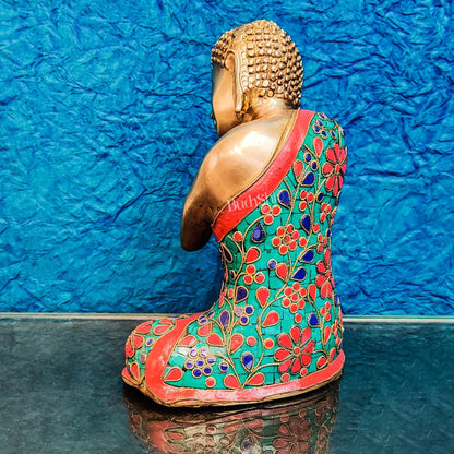 Handcrafted Brass Thinking Buddha Statue with flora meenakari stonework, 9" x 6.5" x 5" - Budhshiv.com