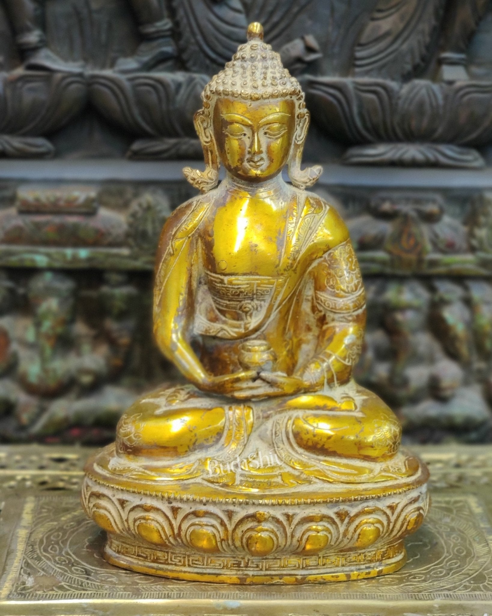 Handcrafted Buddha Statue in Vitarka Mudra | Antique Rustic Finish | 12" x 9" x 6" - Budhshiv.com