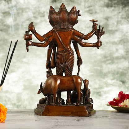 Handcrafted Dattatreya Idol with Antique Copper Finish - 12.5 Inch - Budhshiv.com