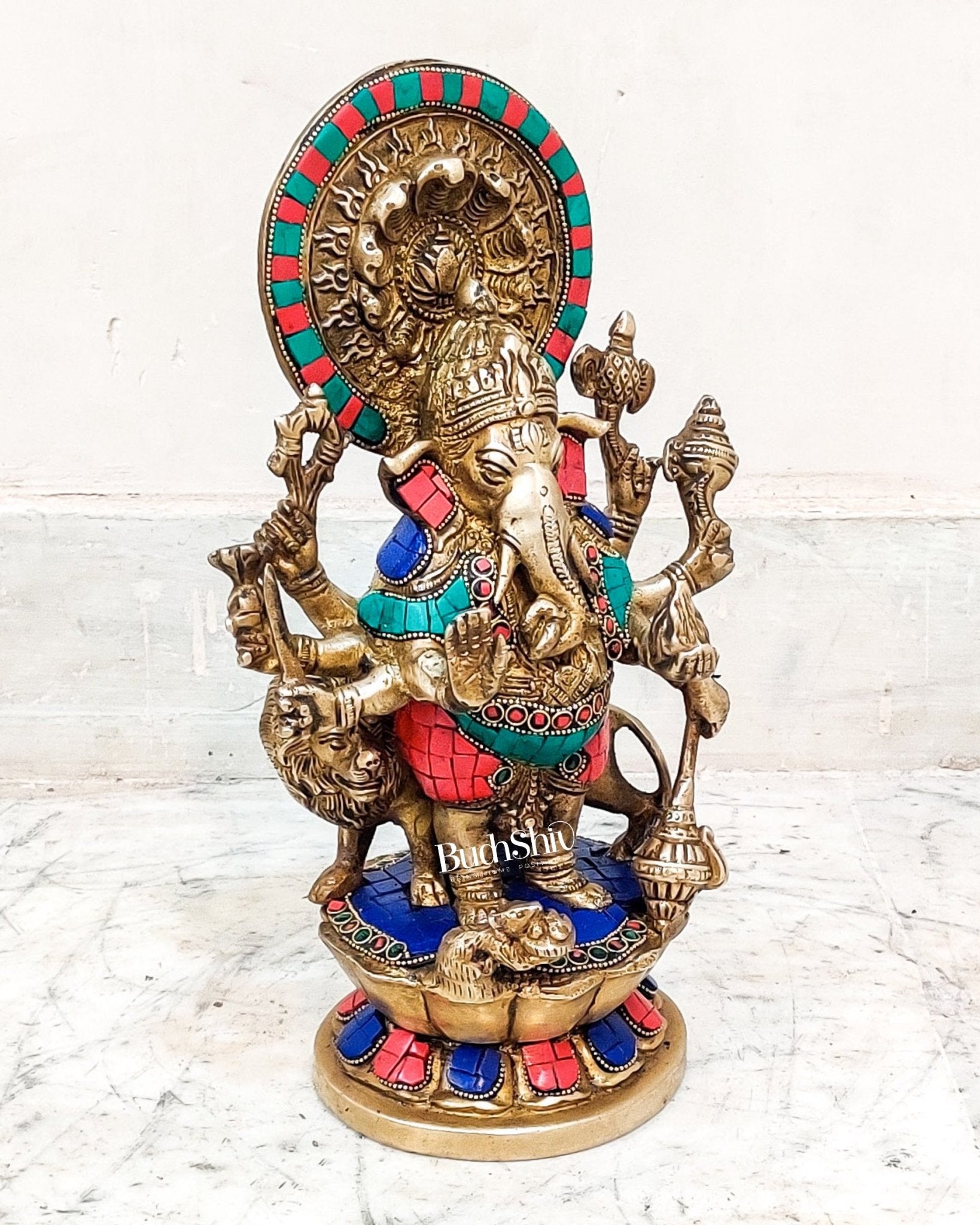 Handcrafted Dhrishti Ganesh Statue - Ward off Evil with Lord Ganesha Incarnation 12" - Budhshiv.com