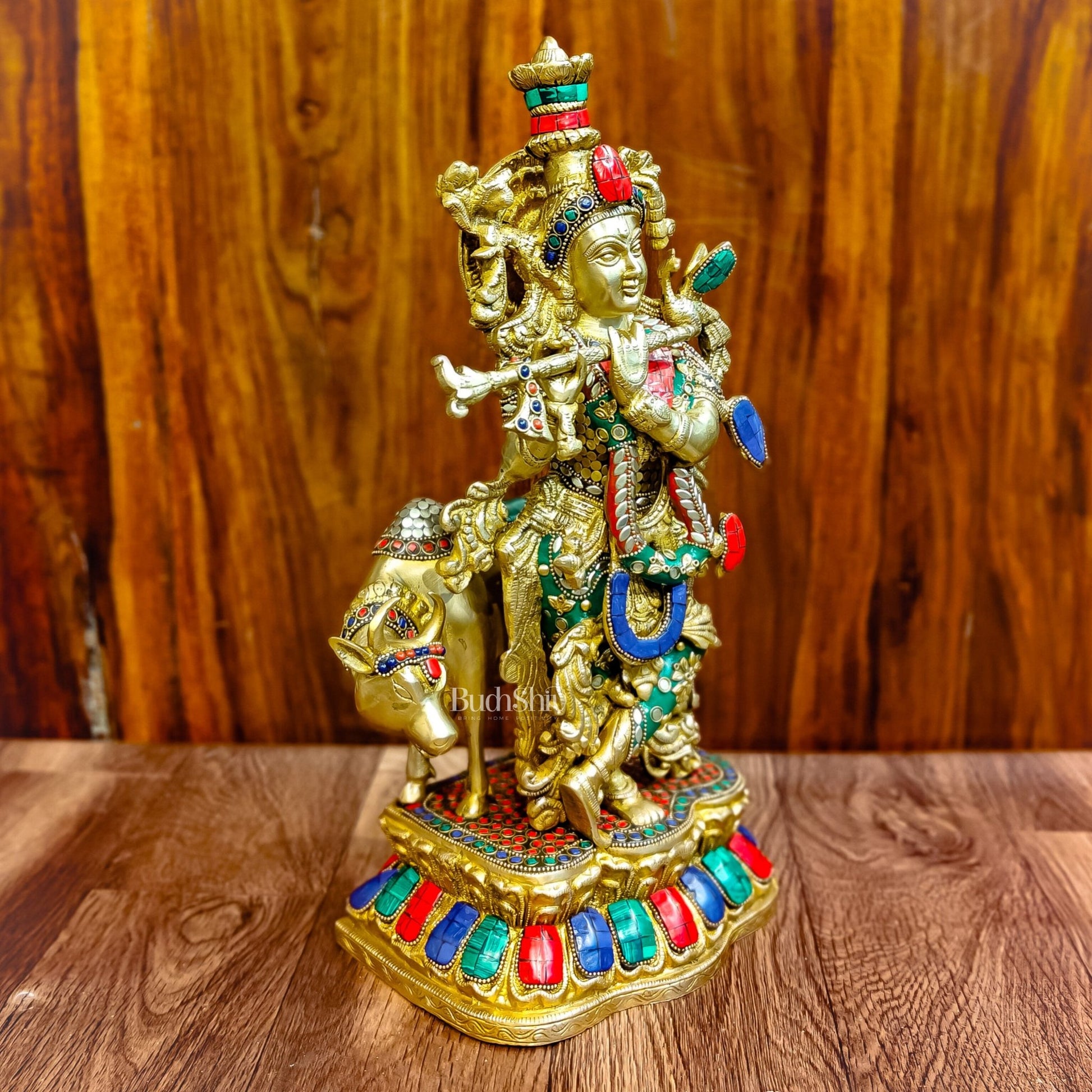 Handcrafted Divine Brass Krishna with cow Statue 17 inch - Budhshiv.com