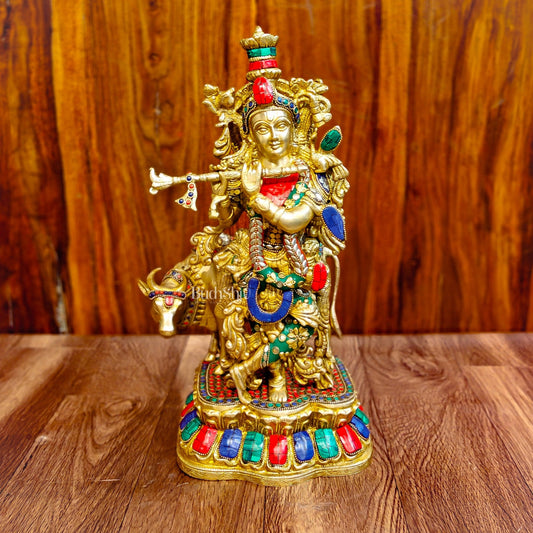 Handcrafted Divine Brass Krishna with cow Statue 17 inch - Budhshiv.com