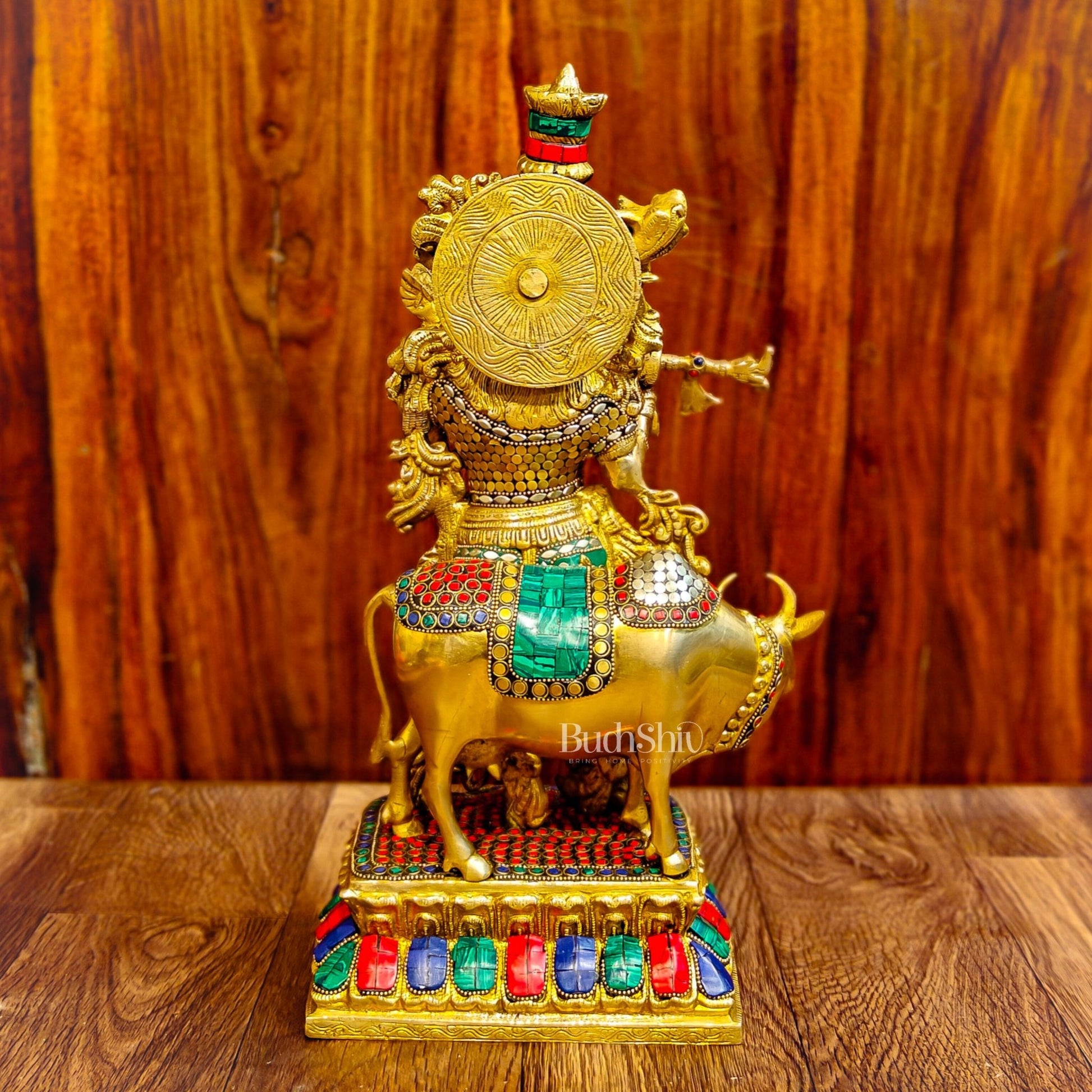 Handcrafted Divine Brass Krishna with cow Statue 17 inch - Budhshiv.com