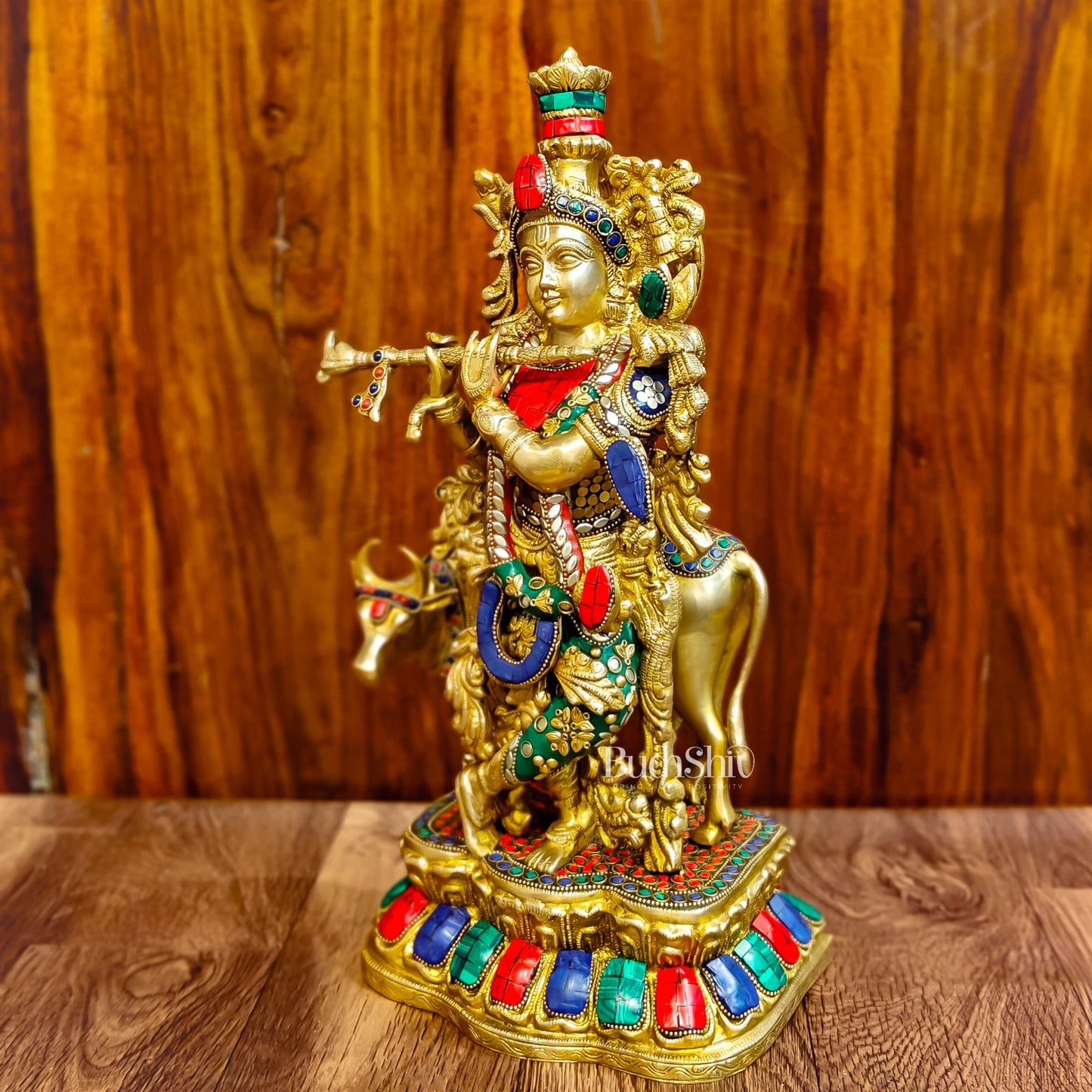 Handcrafted Divine Brass Krishna with cow Statue 17 inch - Budhshiv.com