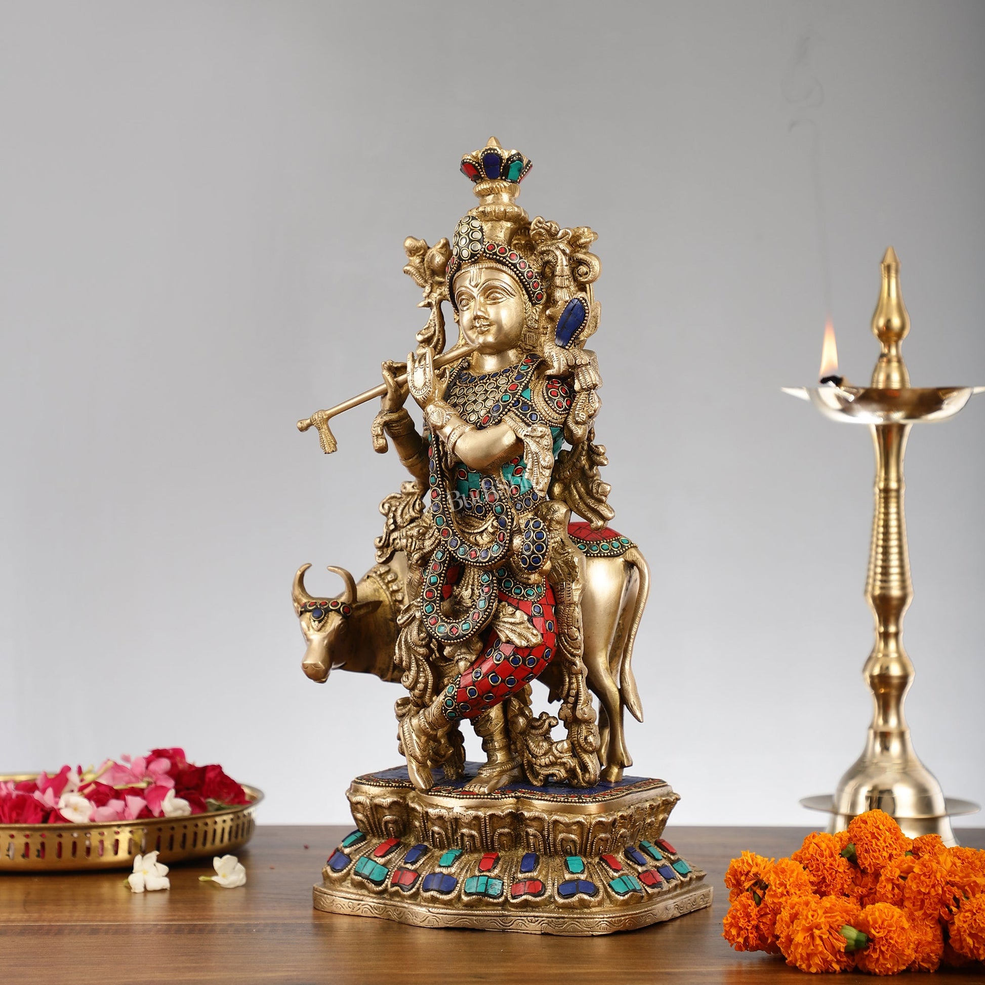 Handcrafted Divine Brass Krishna with cow Statue 17 inch - Budhshiv.com