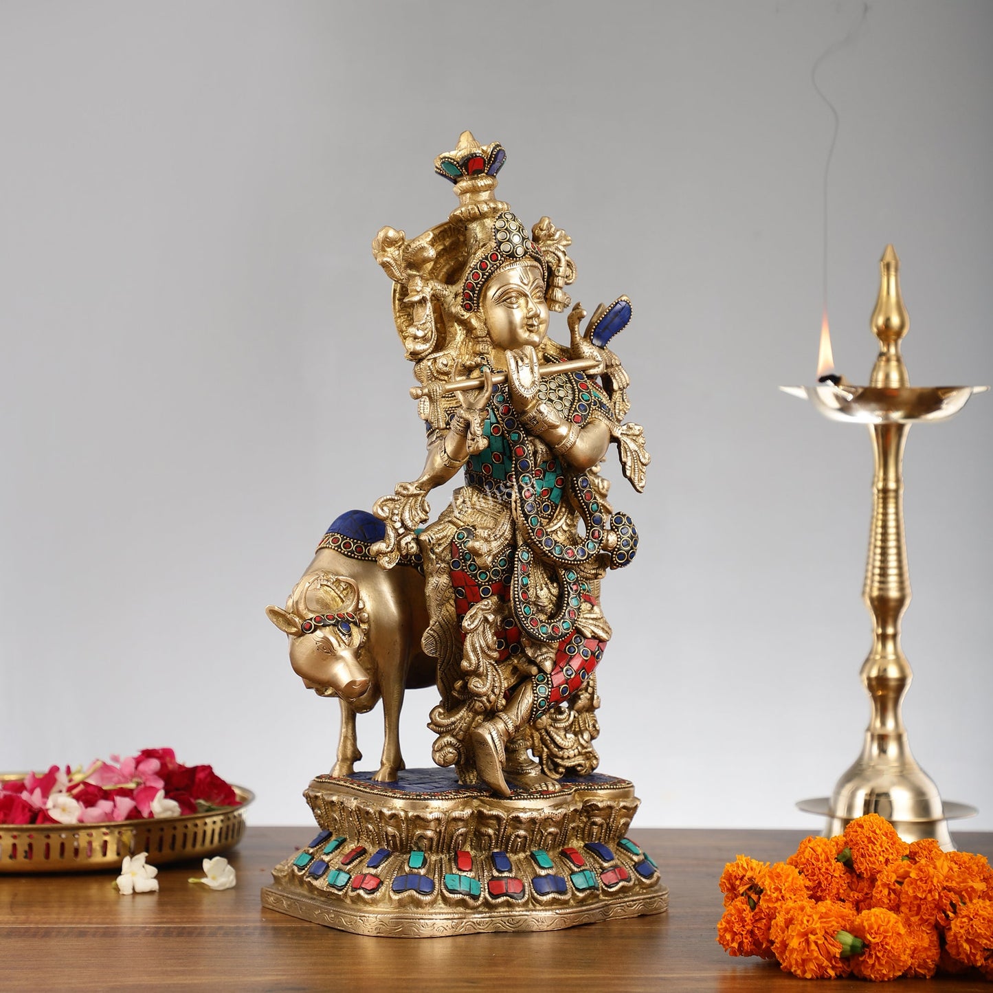 Handcrafted Divine Brass Krishna with cow Statue 17 inch - Budhshiv.com