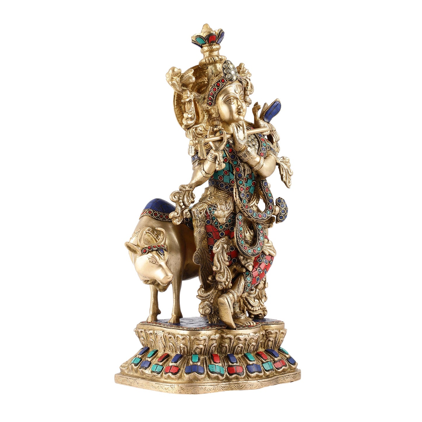 Handcrafted Divine Brass Krishna with cow Statue 17 inch - Budhshiv.com