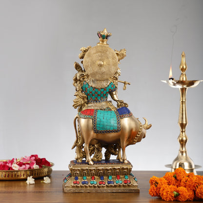 Handcrafted Divine Brass Krishna with cow Statue 17 inch - Budhshiv.com